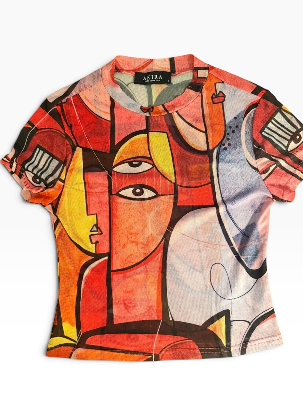 Abstract Face Art Print Mesh Crop Top Size L Y2K Gallery Statement